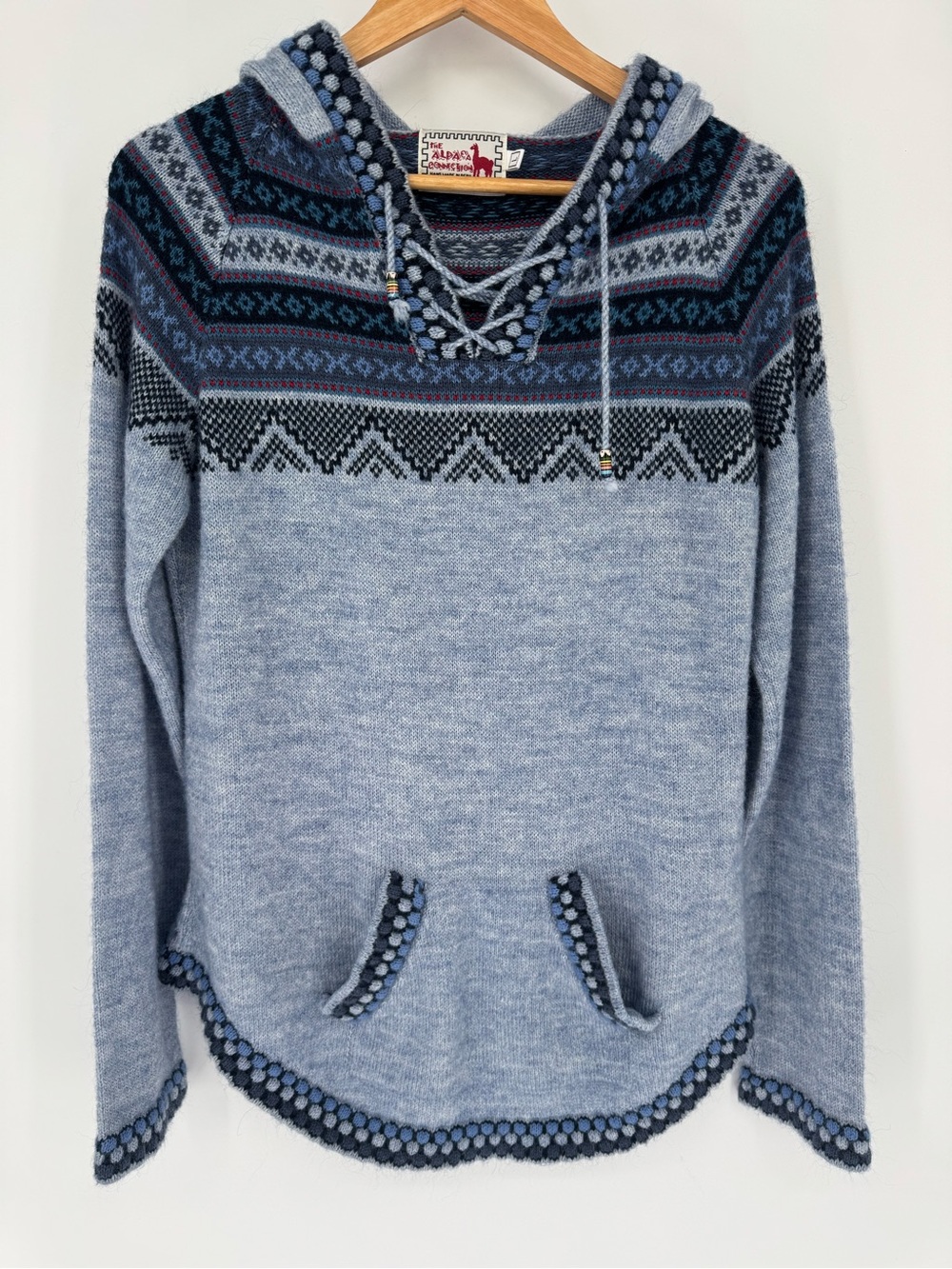 The Alpaca Connection Light Blue Patterned Hooded Sweater